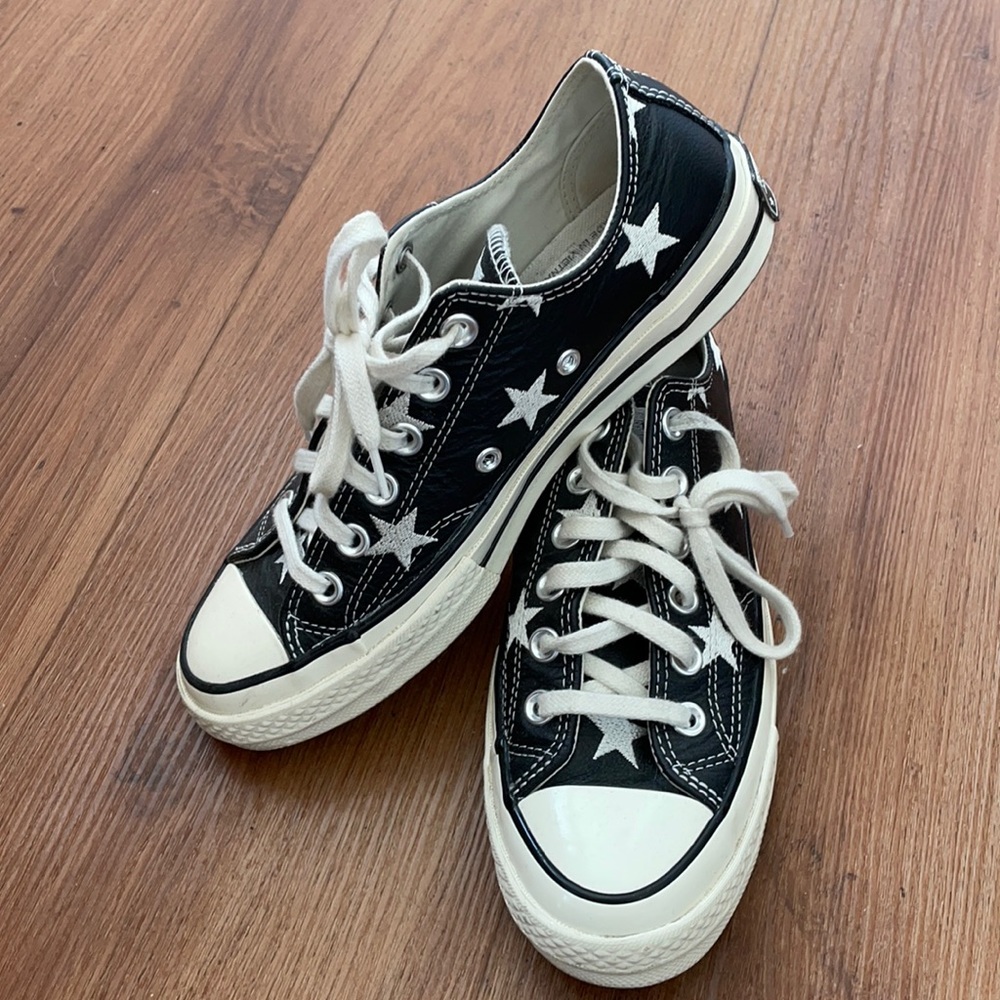 Black leather embroidered star converse